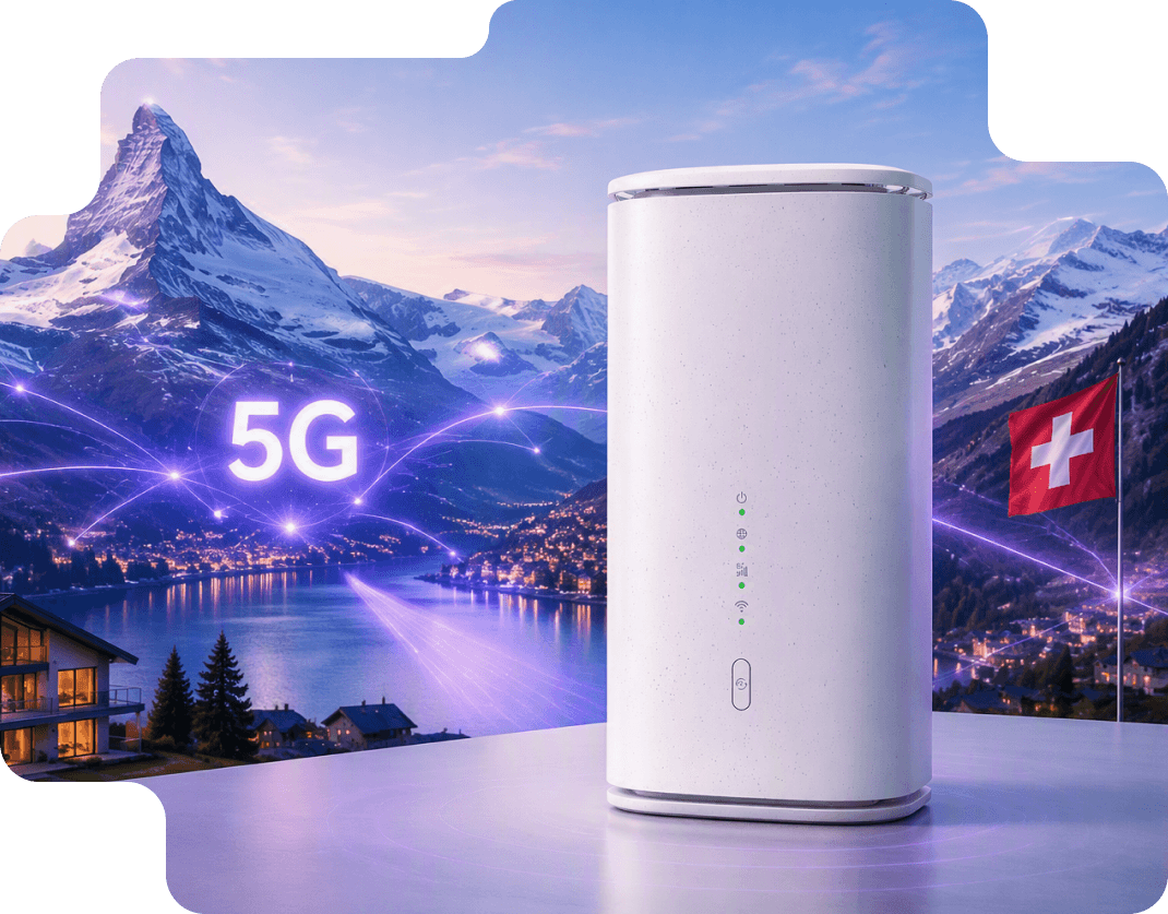 Illustration of a 5G router with a home broadband card and a 5G SIM card